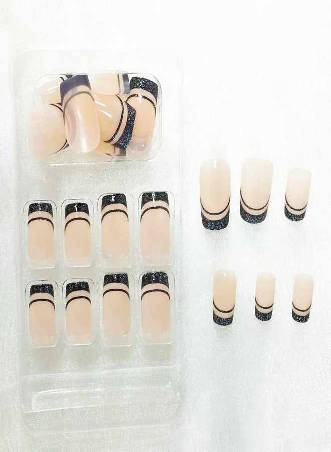 NBNTGH French Tip Press on Nails Short Square Fake Nails with Design Black Line False Nail Glitter Glue on Nails Glossy Full Cover Artificial Acrylic Nail Bling Nude Stick on Nail for Women Manicure 24pcs - Image 5